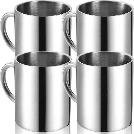 4 stuks 300 ml roestvrijstalen koffiekopjes, koffiekopje, dubbelwandige isolatiebeker, thermobekerset, zilverkleurig