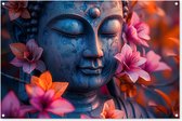 Tuinposter - Tuindoek - Tuinposters buiten - Boeddha - Portret - Bloemen - Buddha - Beeld - 120x80 cm - Tuin