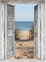 Tuinposter - Doorkijk - Duinen - Strand - Gras - Planten - Zee - 90x120 cm - Schuttingdoek - Tuinschilderij - Tuindoek - Buitenposter