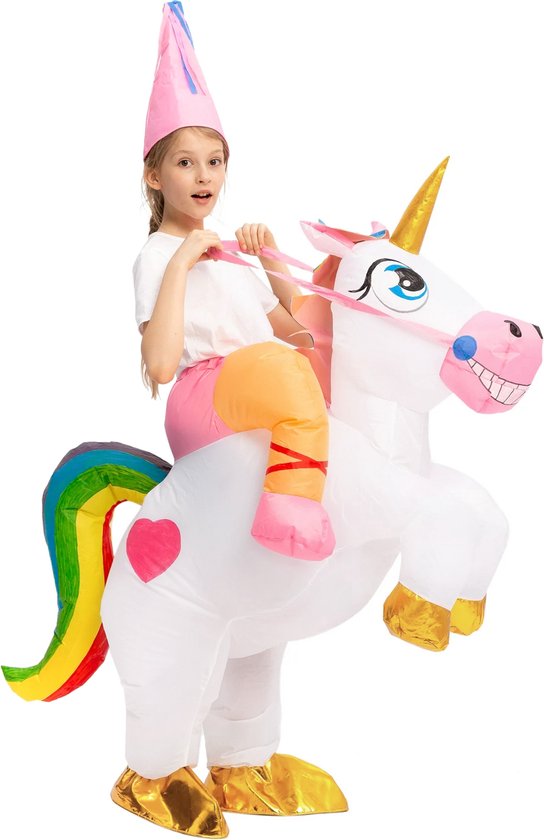 KIMU® Opblaas Kostuum Zittend Op Eenhoorn Kinderen tot 120 cm - Opblaasbaar Pak - Eenhoornpak Mascotte Opblaaspak - Opblaasbare Unicorn Festival
