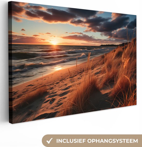 Canvas Schilderij 90x60 cm - Strand - Zonsondergang - Duinen - Zee - Helmgras - Wanddecoratie woonkamer - Muurdecoratie keuken - Kamer accessoires - Woondecoratie huis