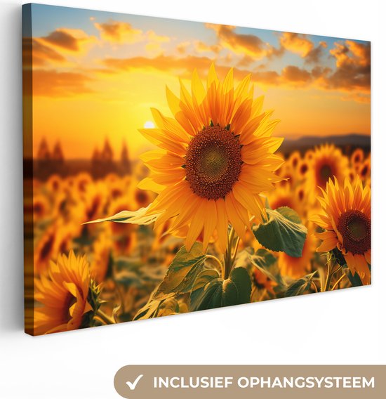 Canvas Schilderij 120x80 cm - Zonnebloem - Bloemen - Geel - Bloemenveld met zonnebloemen - Wanddecoratie woonkamer - Muurdecoratie keuken - Slaapkamer decoratie - Schilderijen - Woonaccessoires