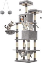 Feandrea PCT190W01 Grand griffoir hauteur 206 cm, arbre à chat XXL , avec 13 colonnes à gratter, 2 plateformes, 2 cavités, panier, hamac, boules en peluche, griffoir multicouche pour chat, gris clair