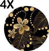BWK Luxe Ronde Placemat - Gouden Chinese Bloemen op Zwarte Achtergrond - Set van 4 Placemats - 50x50 cm - 2 mm dik Vinyl - Anti Slip - Afneembaar