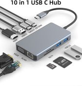 10 in 1 USB C Hub - 10 Poorten - Ultralight USB Splitter - USB C Dock - USB C naar 4K HDMI, VGA, RJ45, USB3.0, USB2.0*2, SD/TF, USB-C, 100w PD