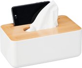 Relaxdays tissue box - kunststof - tissuehouder met telefoonhouder - bamboe deksel - wit