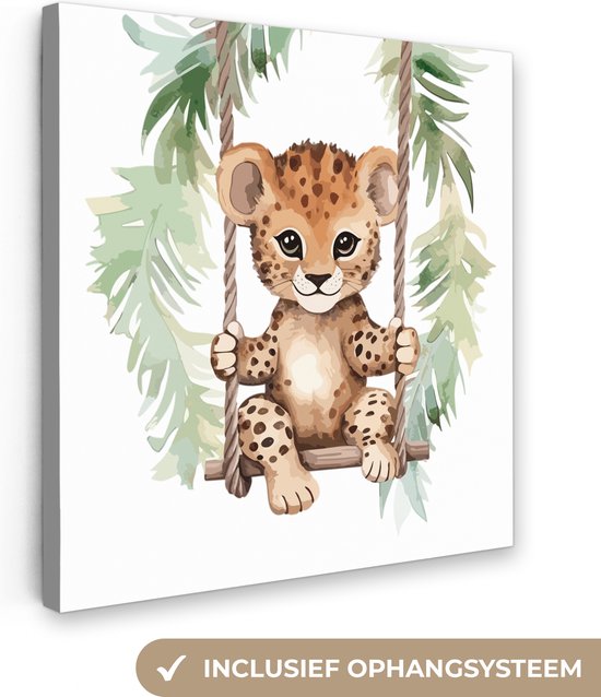 Canvas Schilderij Luipaard - Dier - Kinderen - Jungle - Kinderkamer - Babykamer - 90x90 cm - Wanddecoratie