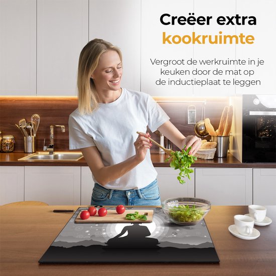 Chefcare Inductie Beschermer Boeddha Beeld onder een Boom - Abstract - Zwart Wit - 60x55 cm - Afdekplaat Inductie - Kookplaat Beschermer - Inductie Mat
