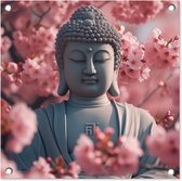 Tuinposters Boeddha - Beeld - Sakura - Buddha - Kersenbloesem - 50x50 cm - Tuindoek - Buitenposter