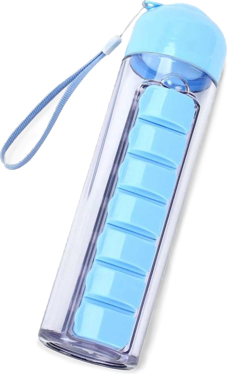 Goedkoopste Pillmeds - Pillendoosje - Waterfles - Met ingebouwde pillendoos - 7 dagen - 500mL - Blauw