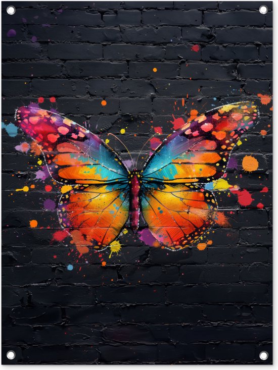 Tuinposter 60x80 cm - Tuindecoratie - Vlinder - Graffiti - Neon art - Kleurrijk - Kunst - Poster voor in de tuin - Buiten decoratie vlinders - Schutting tuinschilderij - Muurdecoratie - Buitenschilderijen - Tuindoek - Buitenposter..
