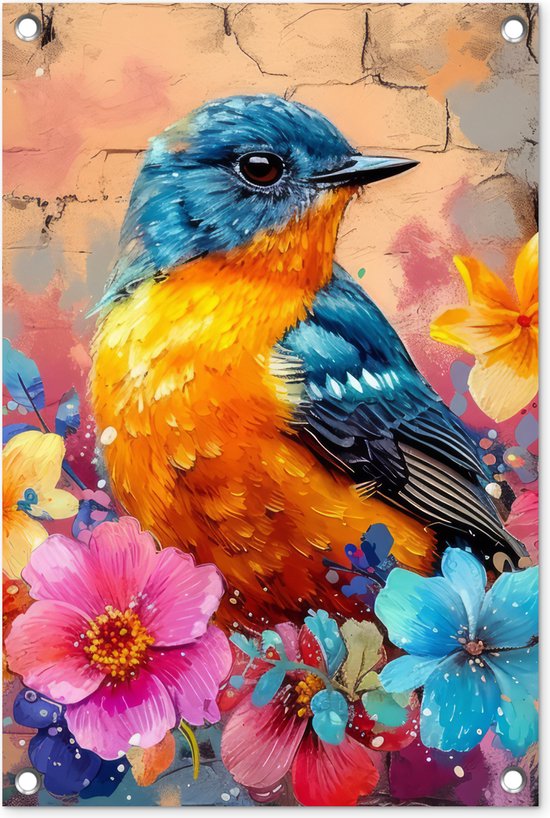 Tuinposter 40x60 cm - Tuindecoratie - Graffiti - Vogel - Bloemen - Streetart - Poster voor in de tuin - Buiten decoratie - Schutting tuinschilderij - Muurdecoratie - Buitenschilderijen - Tuindoek - Buitenposter..