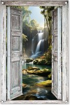 Tuinposter 60x90 cm - Tuindecoratie Waterval - Doorkijk - Jungle - Landschap - Natuur - Witte deur - Poster voor in de tuin - Buiten decoratie - Schutting tuinschilderij - Tuindoek muurdecoratie - Wanddecoratie balkondoek