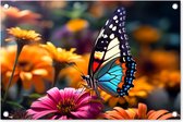 Tuinposter vlinder - Tuindecoratie - Vlinder op bloemen - 60x40 cm - Poster voor in de tuin - Buiten decoratie - Schutting tuinschilderij - Tuindoek muurdecoratie - Wanddecoratie balkondoek
