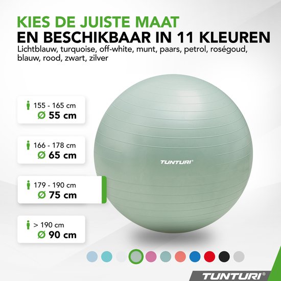 Vrouw doet crunches op een mintgroene Tunturi fitnessbal, met de Tunturi training app.