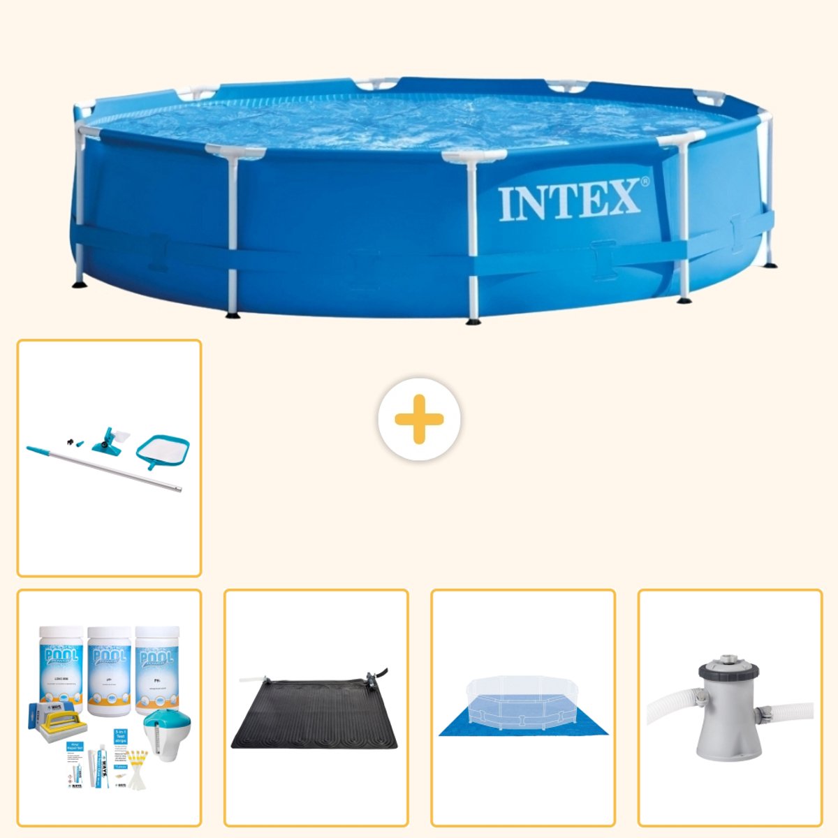 Intex Rond Frame Zwembad - 305 x 76 cm - Blauw - Inclusief Onderhoudspakket - Solar Mat - Grondzeil - Zwembadfilterpomp - Schoonmaakset - 6-delig