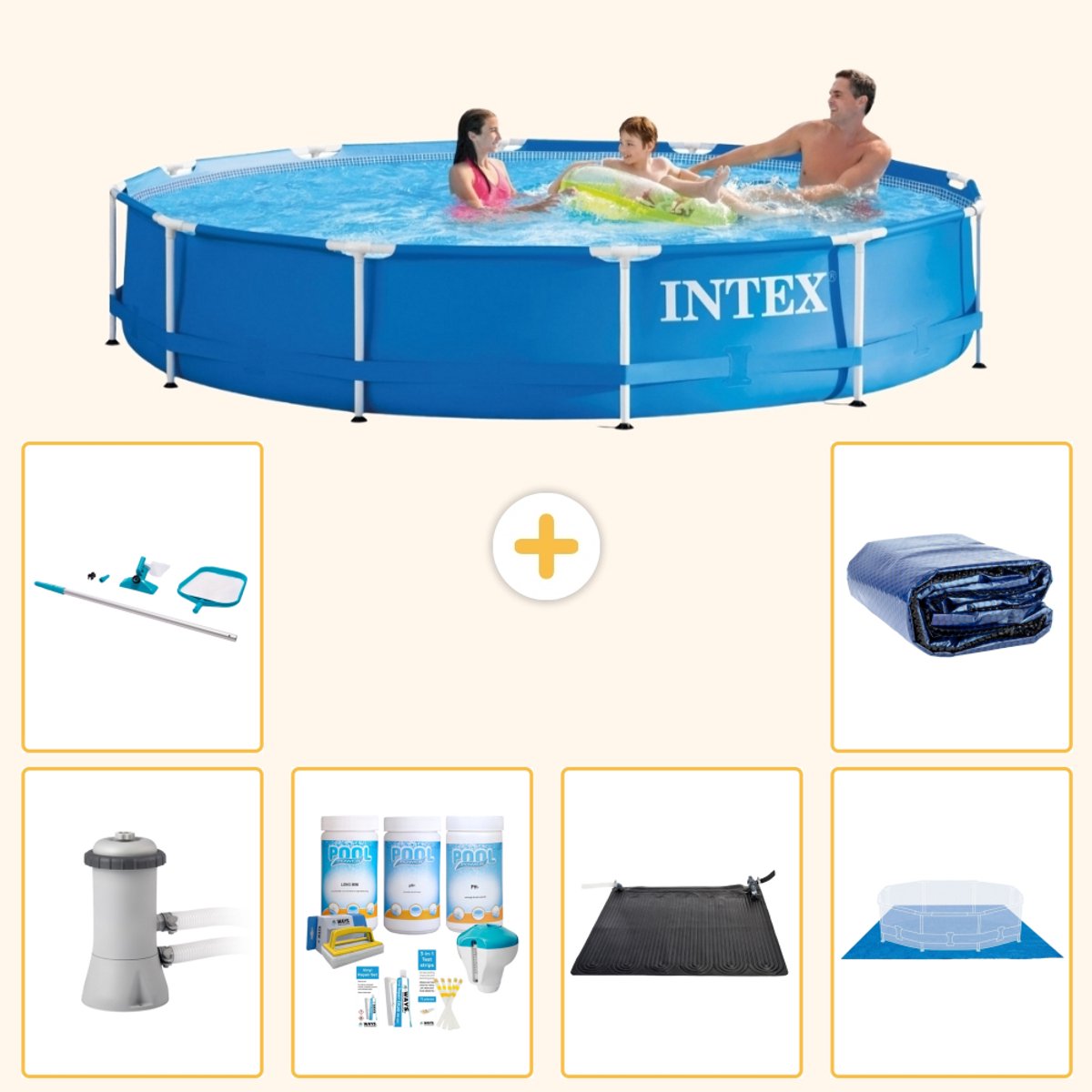 Intex Rond Frame Zwembad - 366 x 76 cm - Blauw - Inclusief Pomp - Onderhoudspakket - Solar Mat - Grondzeil - Schoonmaakset - Solarzeil - 7-delig