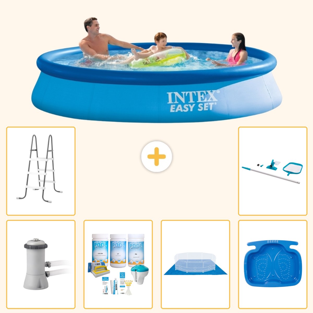 Intex Rond Opblaasbaar Easy Set Zwembad - 366 x 76 cm - Blauw - Inclusief Pomp - Onderhoudspakket - Grondzeil - Voetenbad - Ladder - Schoonmaakset - 7-delig