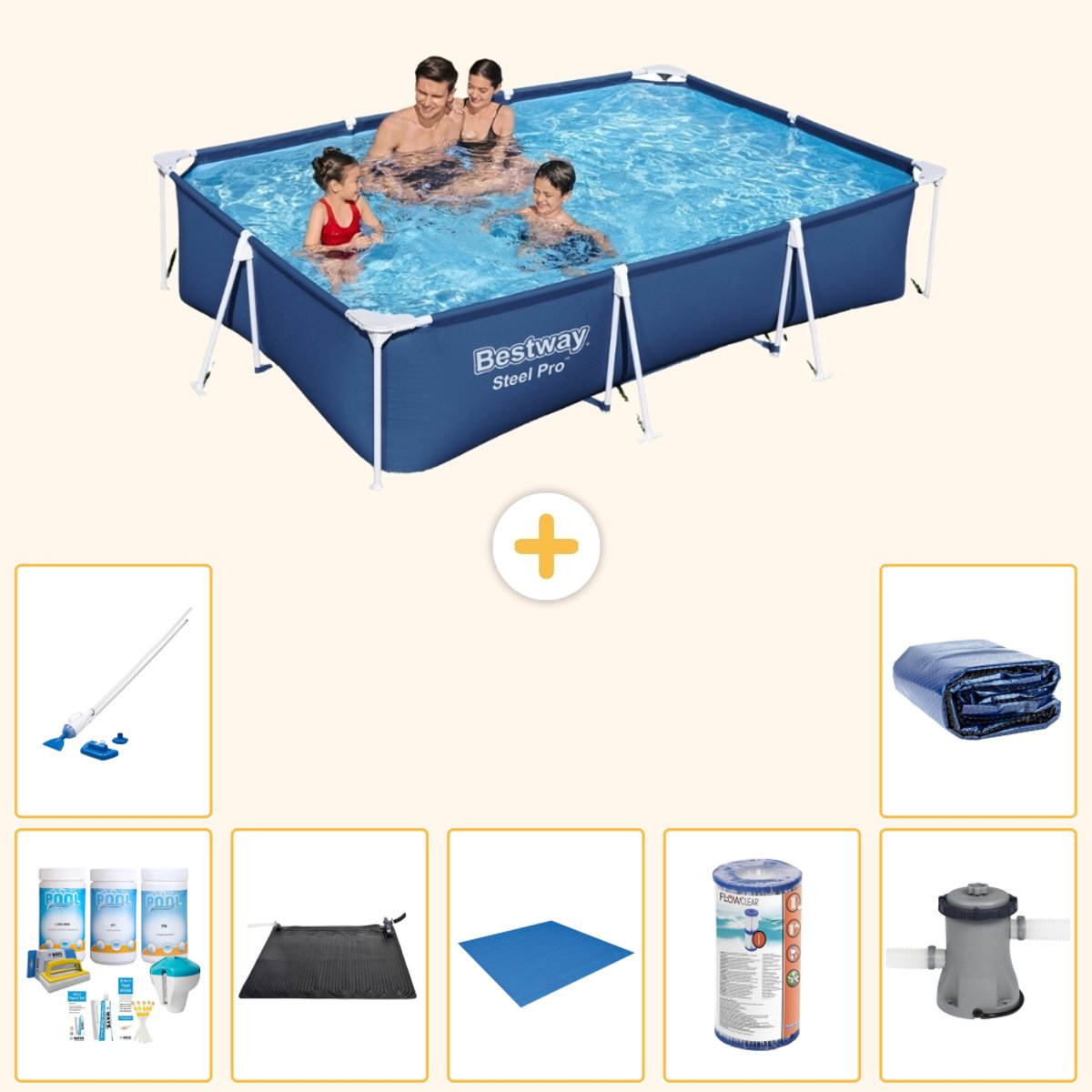 Bestway Rechthoekig Steel Pro Zwembad - 300 x 201 x 66 cm - Blauw - Inclusief Onderhoudspakket - Solar Mat - Grondzeil - Filter - Stofzuiger - Zwembadfilterpomp - Solarzeil - 8-delig