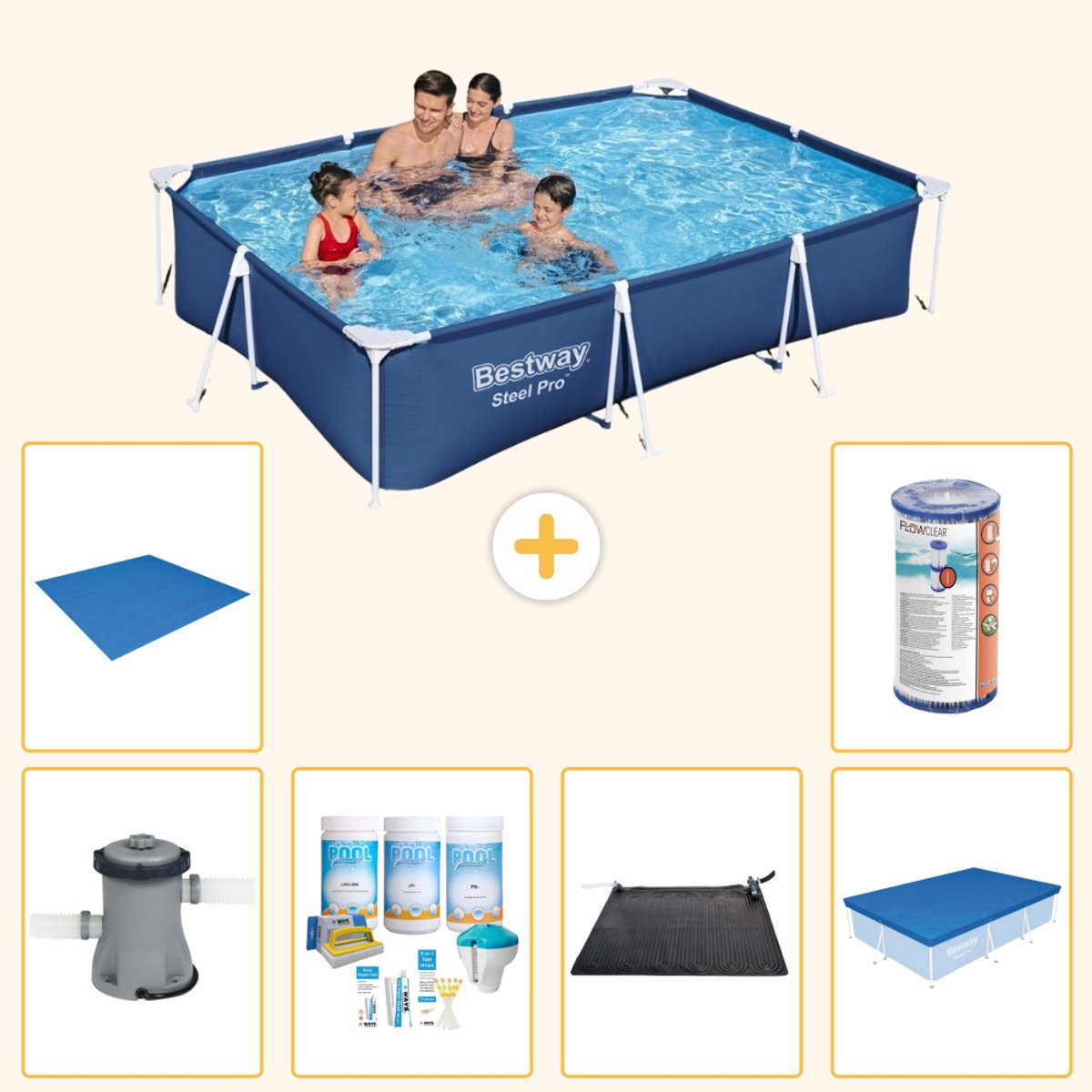 Bestway Rechthoekig Steel Pro Zwembad - 300 x 201 x 66 cm - Blauw - Inclusief Pomp - Onderhoudspakket - Solar Mat - Afdekzeil - Grondzeil - Filter - 7-delig