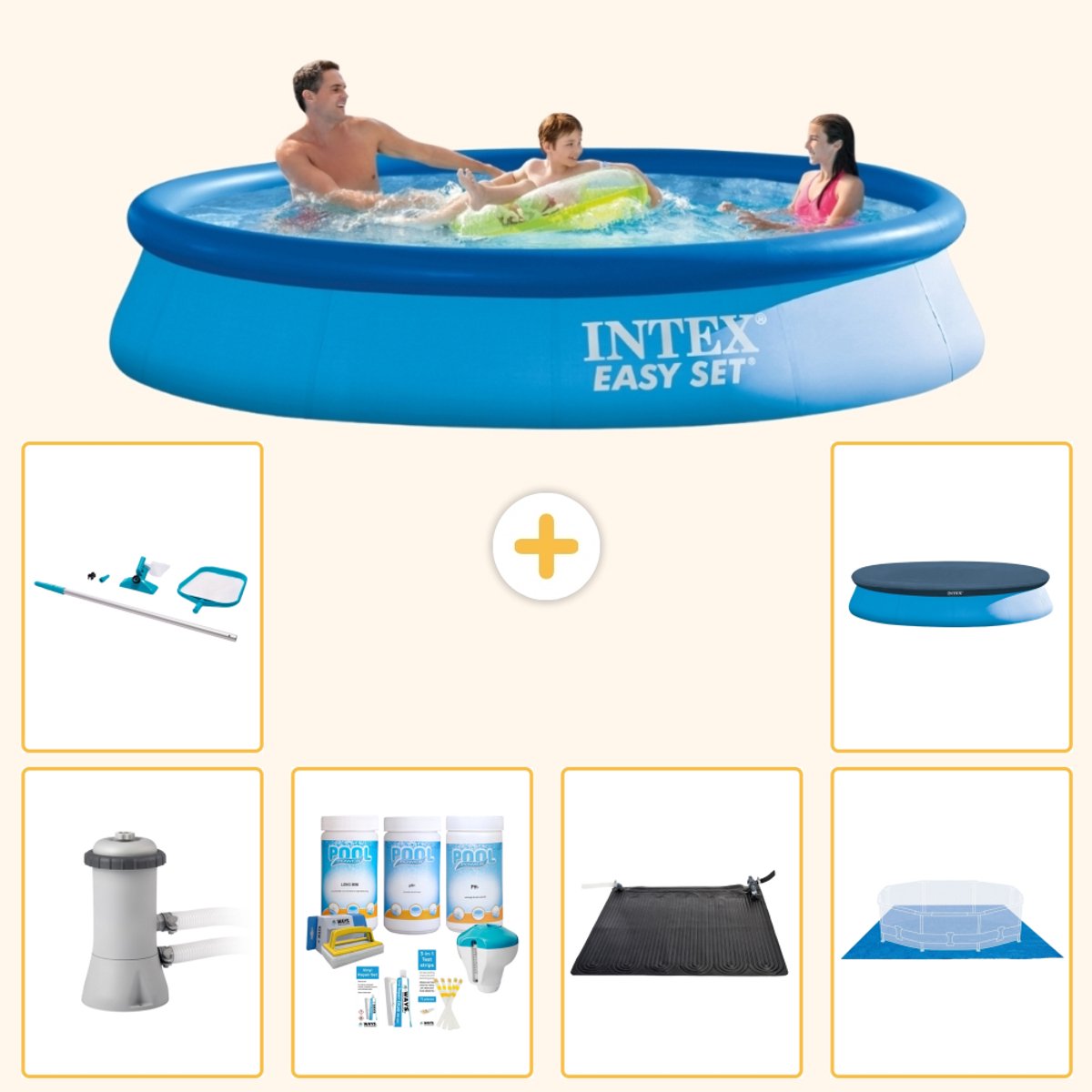 Intex Rond Opblaasbaar Easy Set Zwembad - 366 x 76 cm - Blauw - Inclusief Pomp - Onderhoudspakket - Solar Mat - Grondzeil - Schoonmaakset - Afdekzeil - 7-delig