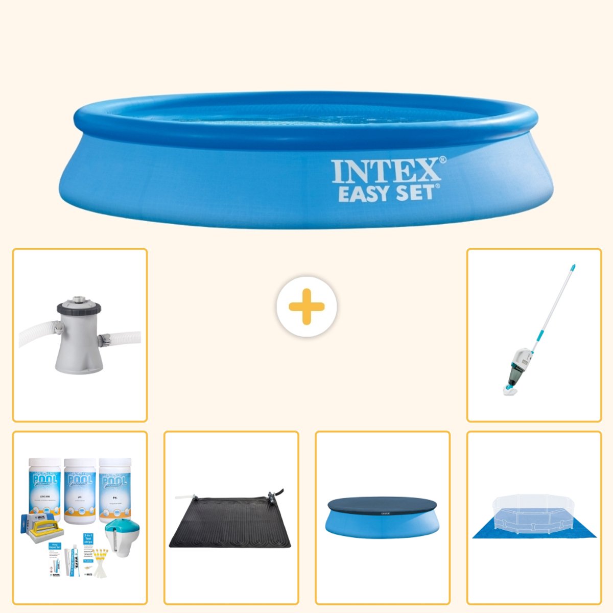 Intex Rond Opblaasbaar Easy Set Zwembad - 305 x 61 cm - Blauw - Inclusief Onderhoudspakket - Solar Mat - Afdekzeil - Grondzeil - Zwembadfilterpomp - Stofzuiger - 7-delig
