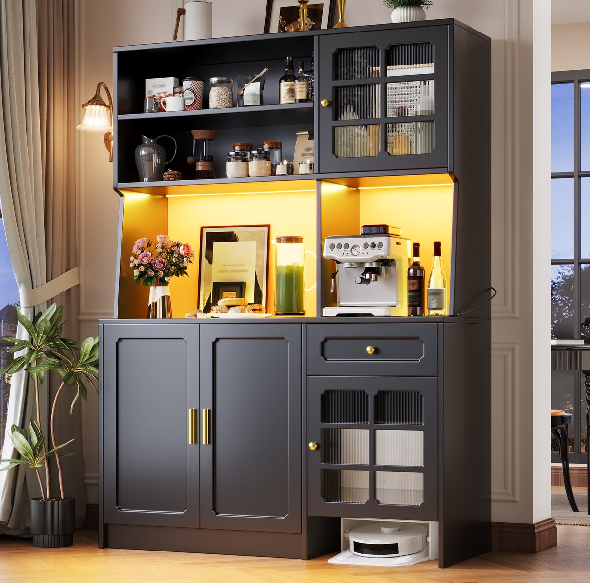 COVREO Keukenkast 130 x 45 x 180 cm - met glazen deuren, lades en LED-verlichting, zwart