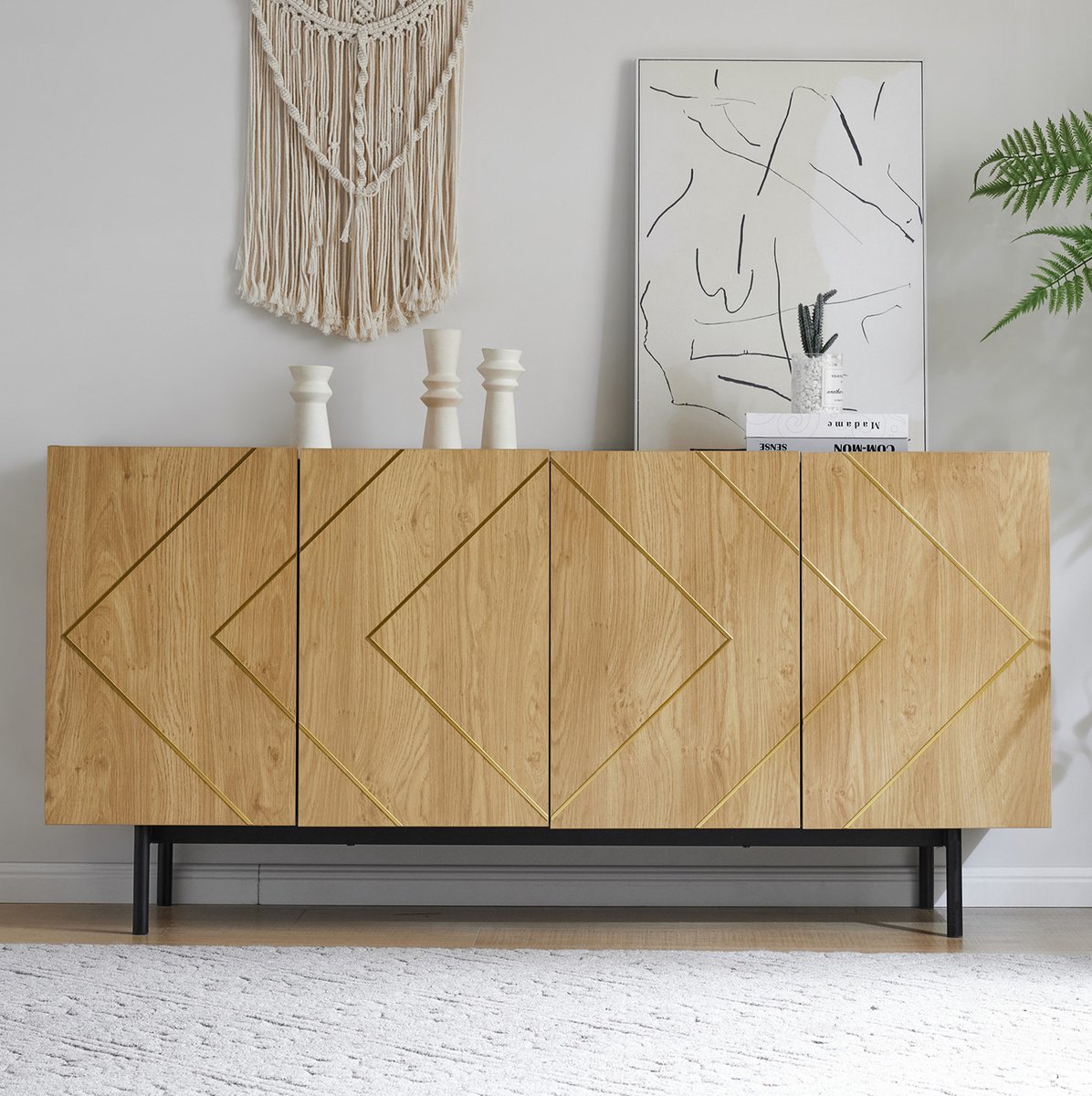 COVREO dressoir 160 x 40 x 78 cm - 4 deuren, verstelbare planken, naturel
