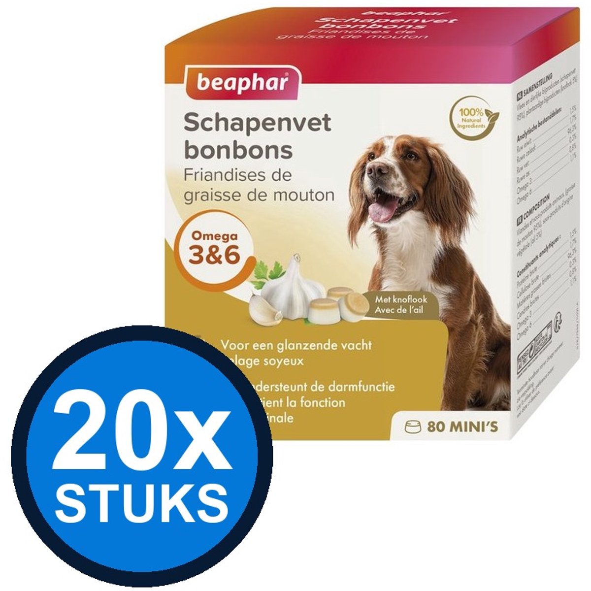 20x Beaphar - schapenvet bonbons mini knoflook 245gr - Hondenvoer Snacks - 245 g