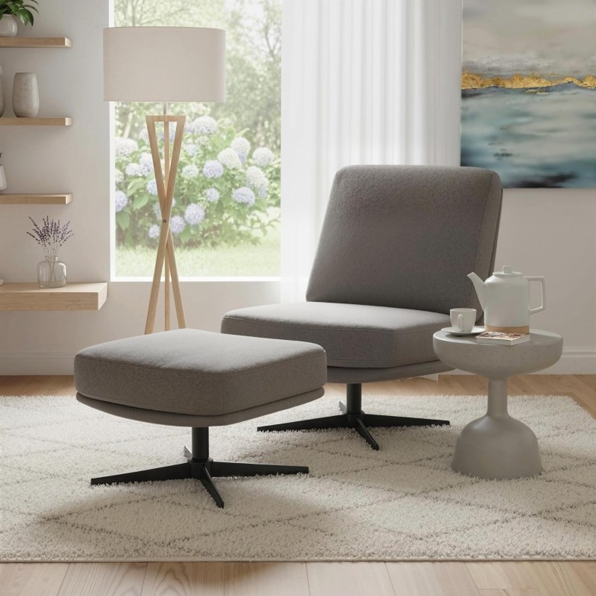 YYchan fauteuil met voetenbank - grijs - 91 x 68 x 93 cm