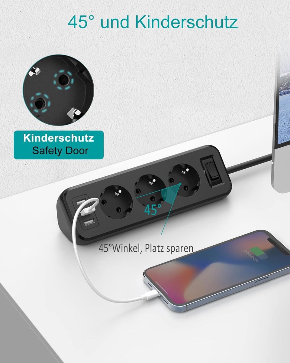 SnelShoppen - 3-voudige stekkerdoos met 3 USB-poorten, multifunctionele verdelerstopcontact met schakelaar, meervoudig stopcontact met overbelastingsb