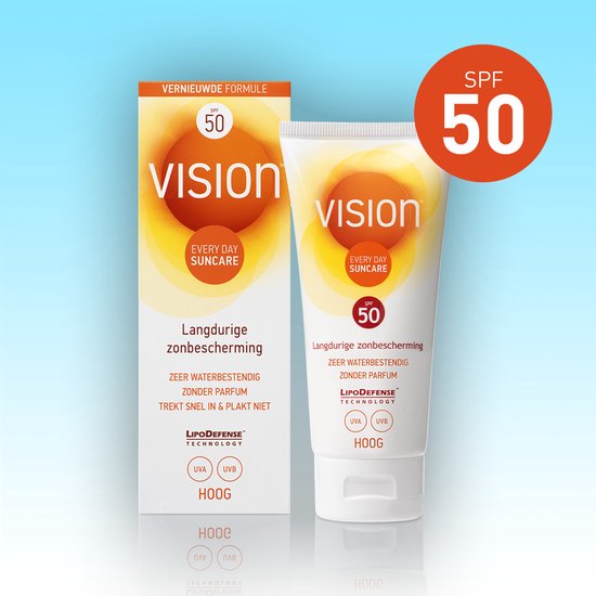 Vision zonnebrandcrème SPF 50 en bijbehorende verpakking, met tekst 'langdurige zonbescherming', 'zeer waterbestendig', 'zonder parfum'.