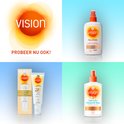 Vision Natural Bronze zonnebrandspray SPF 30 en Face Fluid SPF 50+ in oranje en witte verpakkingen.