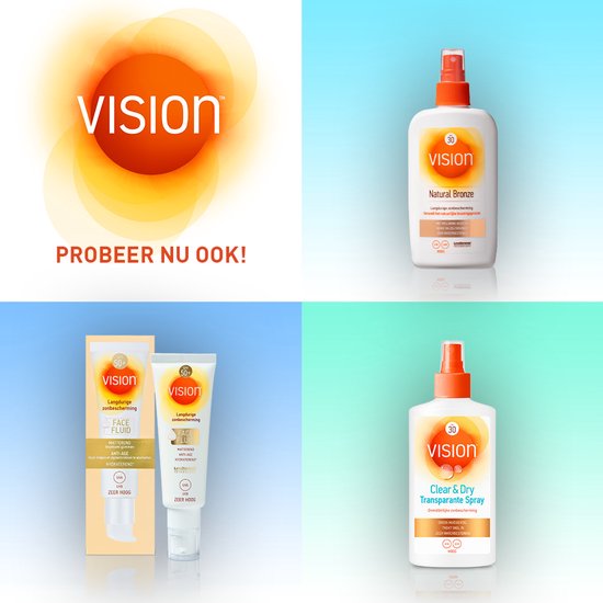 Vision Natural Bronze zonnebrandspray SPF 30 en Face Fluid SPF 50+ in oranje en witte verpakkingen.