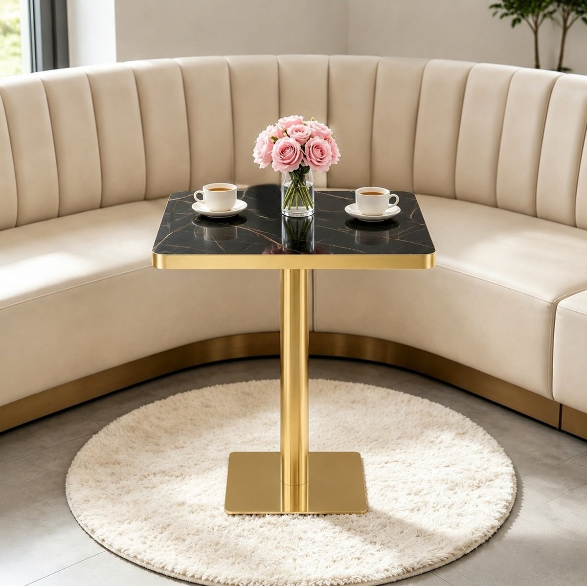 OKWISH Eettafel - Vierkante Tafel Met Marmerlook - 60x60x74 cm - Voor 2-4 Personen - Modern - MDF En Metaal Zwart