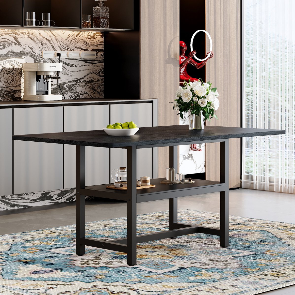 OKWISH Eettafel - Rechthoekig Model Met Onderplank - 160 x 90 x 76 cm - Voor 4 Tot 6 Personen - Industriele Stijl - MDF En Metaal Zwart