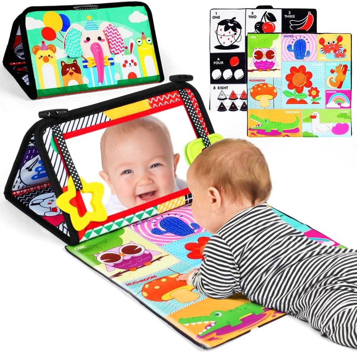 Baby Spiegel met Knisperboek - Vouwbaar Zwart-Wit Speelgoed voor 0-12 Maanden - Educatief en Observerend voor Pasgeborenen - Perfecte Baby Cadeau