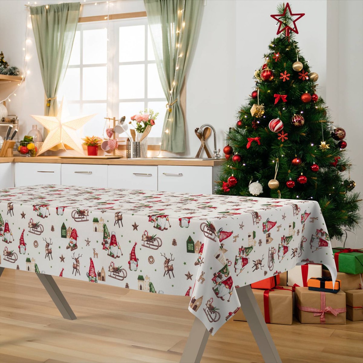 ANRO Tafelkleed Kerstkabouter Rood 240x140cm Rechte rand Afwasbaar Waterafstotend Binnen & Buiten