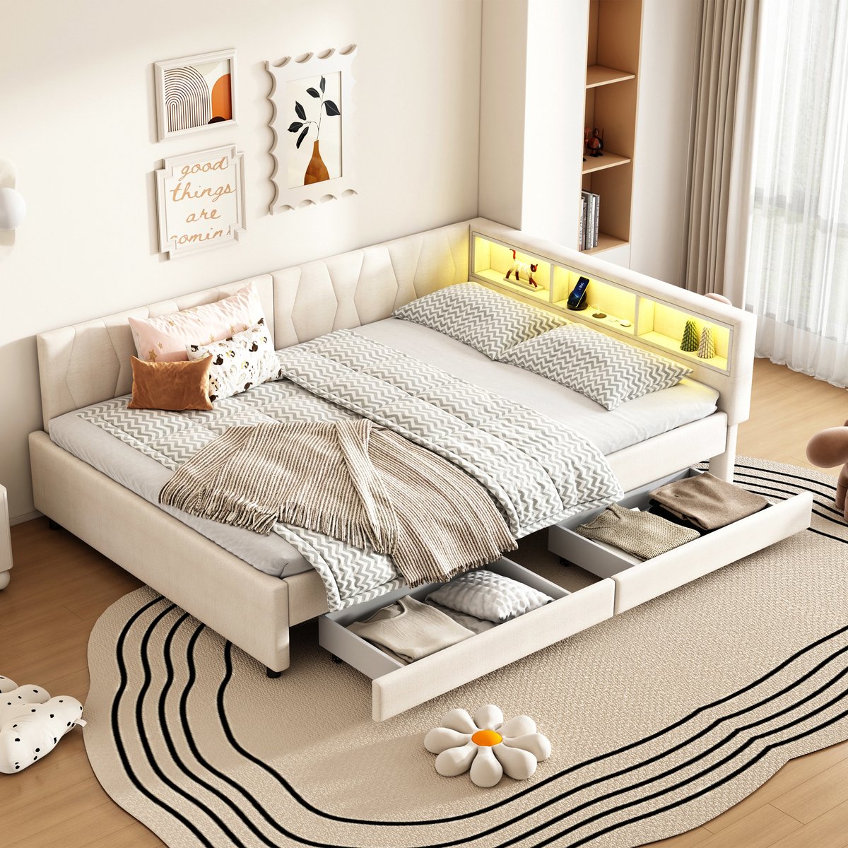 TRUVIX Daybed Slaapbank 140x200 cm - Beige - LED-Verlichting, USB-C, USB, Lades, Planken - Linnen, MDF