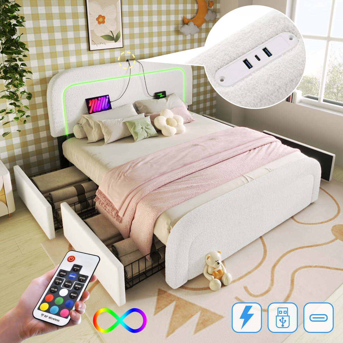 OKWISH Gestoffeerd Bed 160x200 cm - USB En Type C Oplaadpunt - Verstelbaar Hoofdbord - 4 Laden - Tweepersoons - Wit - Zonder Matras