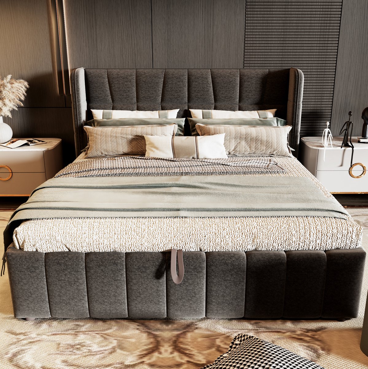 STILVORA Gestoffeerd Bed 180 x 200 cm – Tweepersoonsbed Met Lattenbodem En Opbergruimte – Hefmechanisme – Zonder Matras – Stof – Grijs