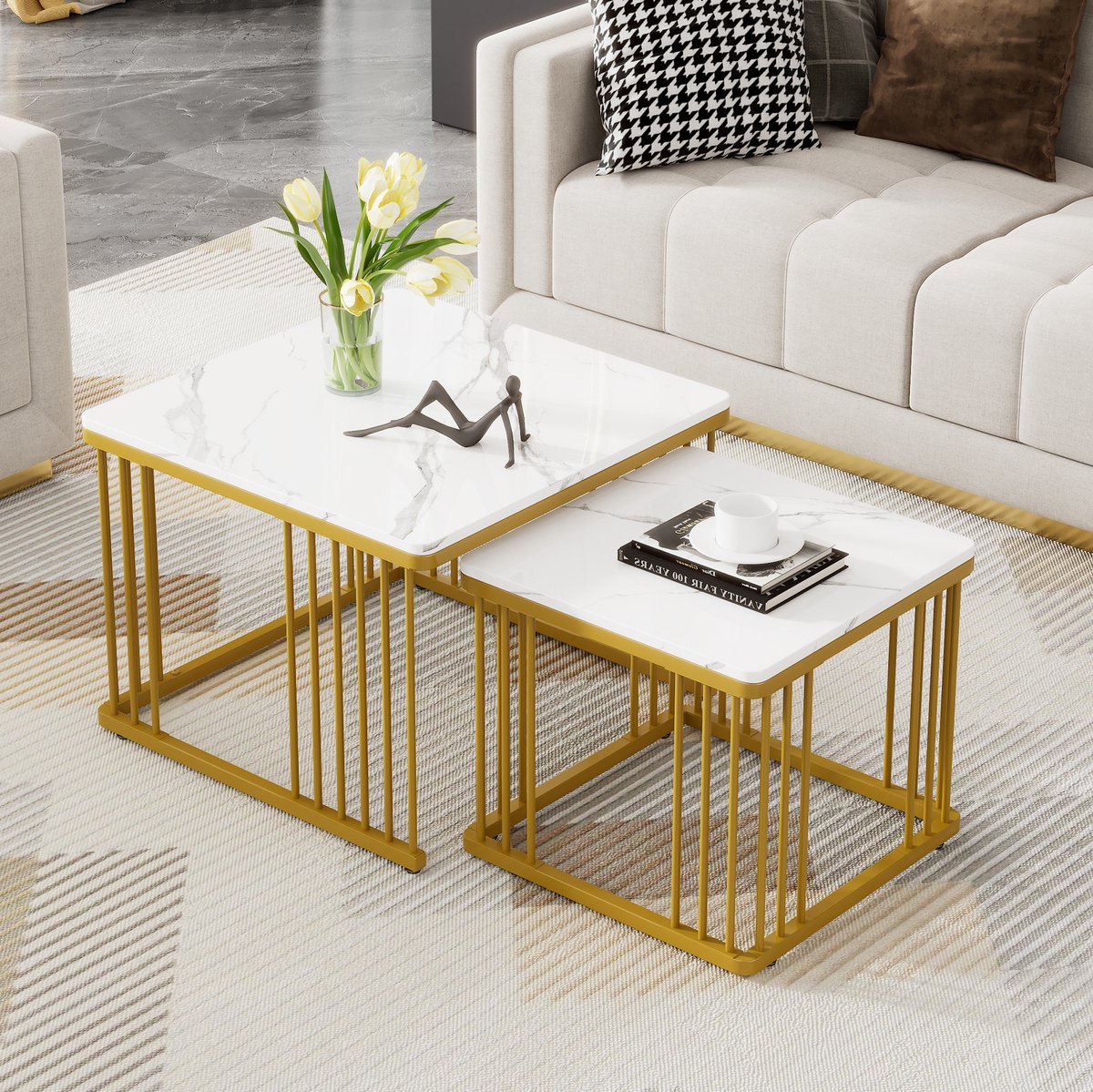 COVREO Salontafel 60 x 60 x 45 cm - set van 2, hoogglans marmerlook fineer, wit en goud