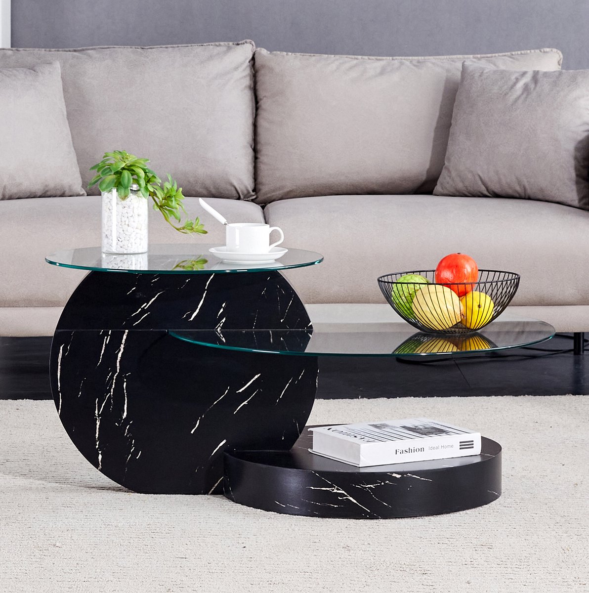 COVREO salontafel 89,9 x 69,9 x 43,2 cm - glas en MDF, meerlaags, zwart transparant
