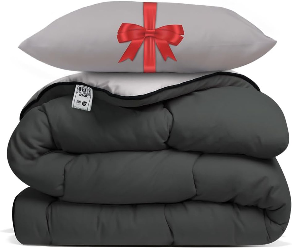Thijox - Dekbed zonder Overtrek 240x220 cm Antraciet/Taupe + Hoofdkussen 60x70 cm - Hoesloos, Anti-allergisch, Wasbaar op 60°C, All Year Comfort Slaap
