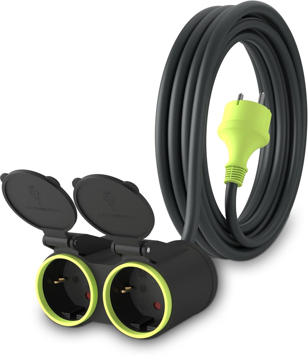 Thijox - 3m Verlengkabel met 2 Schuko Stopcontacten IP44 voor Buiten - H05RR-F3G 1,5mm² 2-voudige Verdeling - Zwart/Groen - Geschikt voor Tuin, Campin