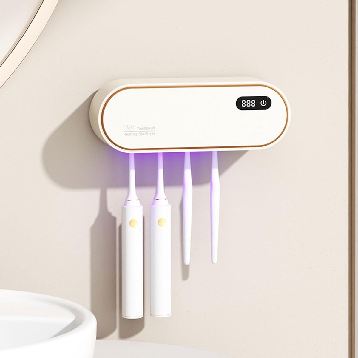 SnelShoppen - UV Sanitizer Wand Tandborstelhouder Zonder Boren met Droog- en Timerfunctie, Oplaadbare Tandborstelhouder 1800 mAh, 4 Slots, Badkameracc