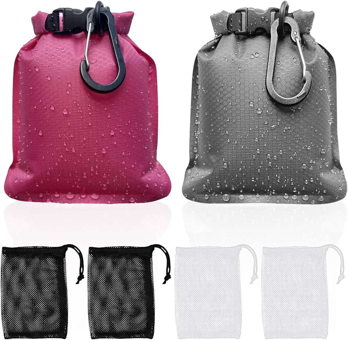 Thijox - Zeepbakje voor op reis, 2 stuks, waterdicht, sneldrogend, met zeepbellen zak en haken, nylon, roze + grijs / zwart + grijs, voor outdoor, kam