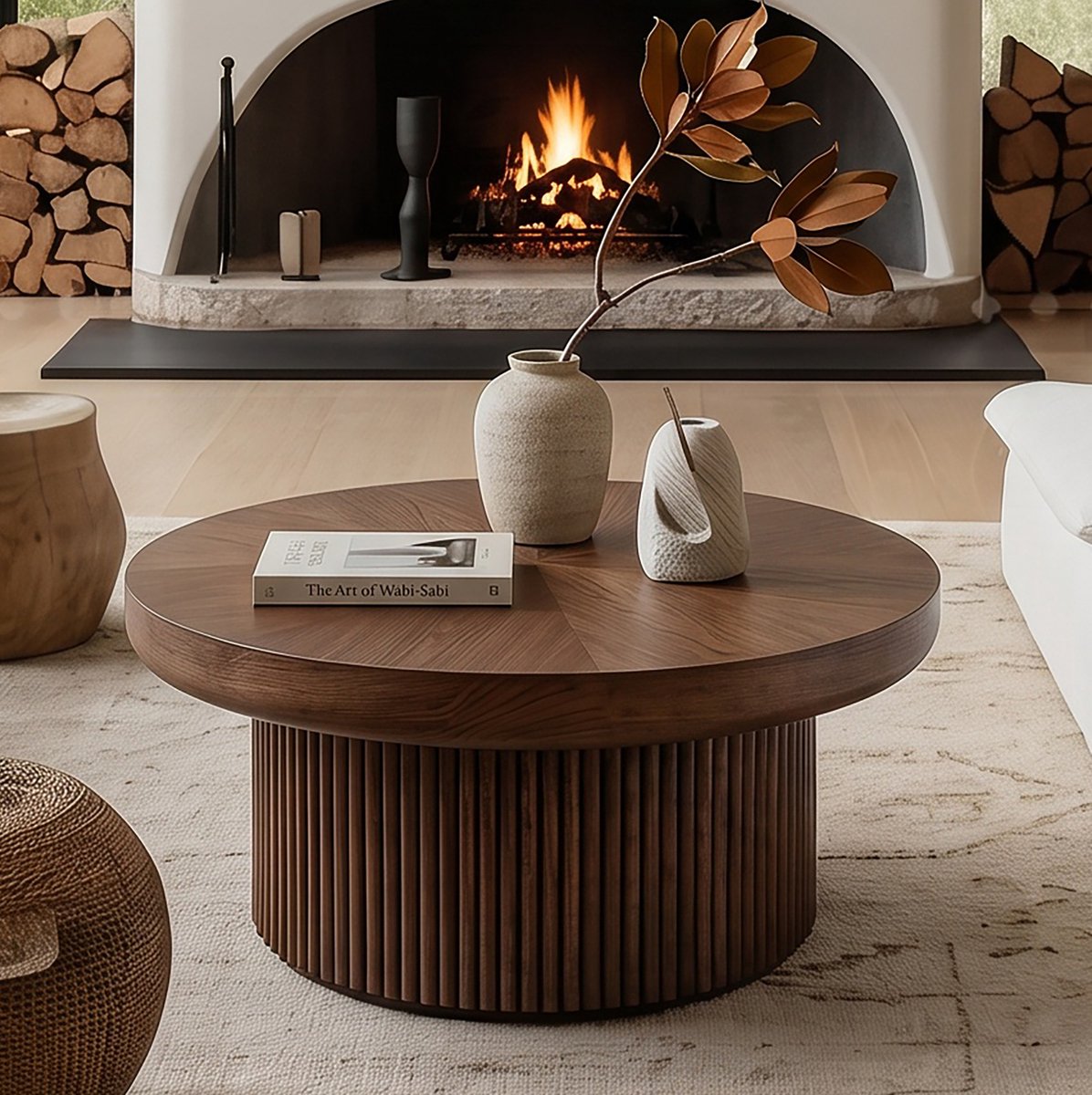 OKWISH Salontafel - Rond Met Fluted Cilinderbasis - Voor Woonkamer En Kleine Ruimtes - Houtlook Walnoot - 78 x 78 x 38,5 cm Walnut