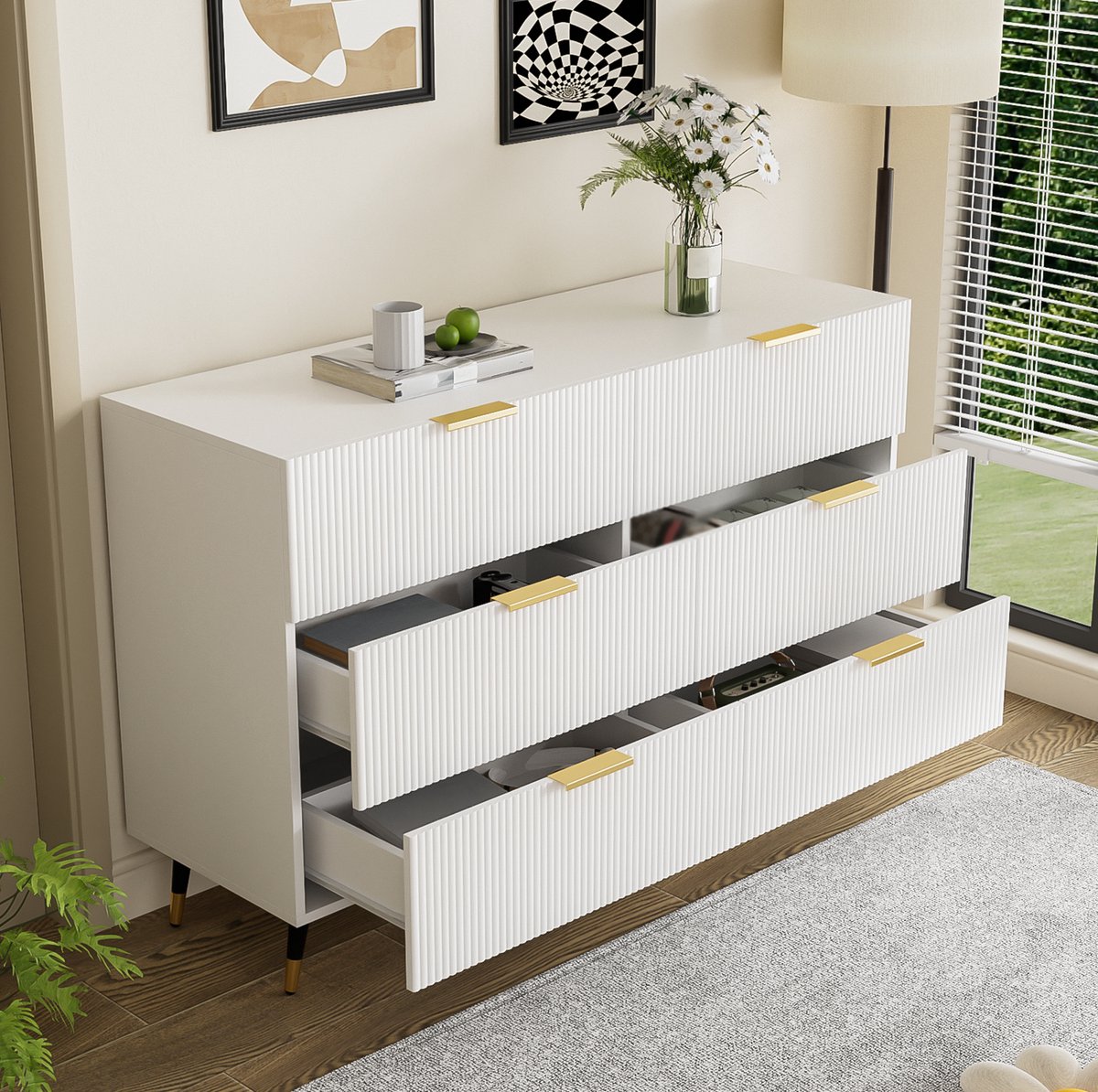 COVREO dressoir 120 x 77 x 40 cm - 6 lades, wit en goud