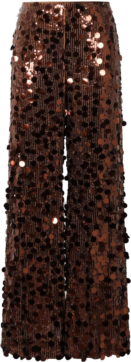 Comfortabele Geweven Polyester Damesbroek met Rechte Pijpen en Pailletten - Bruin - Maat L